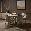 Kobi Ceramic Extendable Dining Table with 4 Aria Dining Chairs in Cream Woven Fabric with Cappuccino Metal Legs