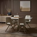 Kobi Ceramic Extendable Dining Table with 4 Nico Swivel Dining Chairs in Cream Woven Fabric with Cappuccino Metal Legs