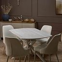 Lucia Ceramic Round Dining Table with 4 Aria Dining Chairs in Cream with Cappuccino Metal Legs