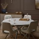Lucia Ceramic Round Dining Table with 4 Nico Swivel Dining Chairs in Cream with Cappuccino Metal Legs