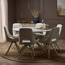Lucia Ceramic Round Dining Table with 6 Nico Swivel Dining Chairs in Cream with Cappuccino Metal Legs