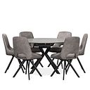 Lucia Ceramic Swivel Extending Round Dining Table in Matt Grey Finish 130cm + 6 Nico Swivel Dining Chair in Dark Grey with Black Metal Legs