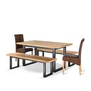 Maine Natural Oak & Metal Extending Dining Table And 2 Large Maine Benches with 2 Scroll Back Chairs in Vintage Brown Leather Look Fabric