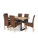 Maine Natural Oak & Metal Extending Dining Table and 6 Scroll Back Chairs in Vintage Brown Leather Look Fabric