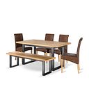 Maine Natural Oak & Metal Extending Dining Table with 1 Large Maine Bench and4 Scroll Back Chairs in Vintage Brown Leather Look Fabric 