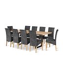 Maine Natural Oak & Metal Extending Dining Table with 10 Scroll Back Chairs in Vintage Black Leather Look Fabric