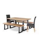 Maine Natural Oak & Metal Extending Dining Table with 2 Large Maine Benches and 2 Scroll Back Chairs in Vintage Black Leather Look Fabric