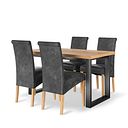 Maine Natural Oak & Metal Fixed Dining Table with 4 Scroll Back Chairs in Vintage Black Leather Look Fabric 