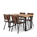 Maine Natural Solid Oak & Metal Fixed Dining Table 130cm + 4 Mason Chair Vintage Brown Leather-Look fabric with Black Legs