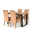 Maine Natural Solid Oak & Metal Fixed Dining Table 130cm + 4 Scroll Back Chair in Vintage Tan Leather Look Fabric with Oak Legs