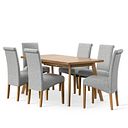 Oaklee Natural Oak Extendable Dining Table 160-210cm + 6 Scroll Back Chair in Conway Grey Fabric with Solid Oak Legs