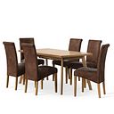 Oaklee Natural Oak Extendable Dining Table 160-210cm + 6 Scroll Back Chair in Vintage Brown Leather Look Fabric with Oak Legs