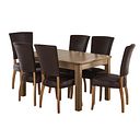 Orrick Rustic Solid Oak Extending Dining Table and 6 Curve Back Chairs in Antiqued Brown Fabric