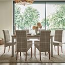Otto Smoked Oak Finish and Cashmere Painted Extendable Dining Table + 6 Scroll Back Chairs in Checked Beige Fabric with Oak Legs