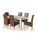 Otto Smoked Oak Finish and Cashmere Painted Extendable Dining Table 160-210cm + 6 Scroll Back Chair in Vintage Brown Leather Look Fabric with Oak Legs
