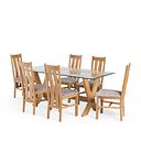 Reflection Glass Dining Table in Natural Solid Oak and 6 Arched Back Chairs with Plain Truffle Fabric Seats