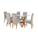 Reflection Glass Dining Table in Natural Solid Oak with 6 Scroll Back Plain Truffle Fabric Chairs