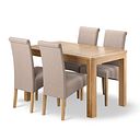 Romsey Natural Oak Extending Dining Table + 4 Scroll Back Chairs in Dappled Beige Fabric with Oak Legs