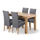 Romsey Natural Oak Extending Dining Table + 4 Scroll Back Chairs in Dappled Silver Fabric with Solid Oak Legs