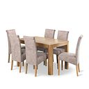 Romsey Natural Oak Extending Dining Table + 6 Scroll Back Chairs in Heritage Mink Velvet with Oak Legs