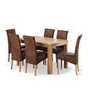 Romsey Natural Oak Extending Dining Table + 6 Scroll Back Chairs in Vintage Brown Leather Look Fabric with Oak Legs
