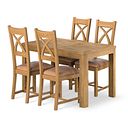 Romsey Natural Solid Oak 4ft 3 Extending Dining Table + 4 Cross Back Natural Solid Oak Chair with Vintage Tan Leather Look Fabric Seat