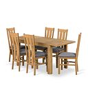 Romsey Natural Solid Oak 4ft 3" Extending Dining Table + 6 Arched Back Natural Solid Oak Chair with Dappled  Silver Fabric Seat