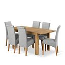 Romsey Natural Solid Oak 4ft 3 Extending Dining Table + 6 Scroll Back Chair in Conway Grey Fabric with Solid Oak Legs