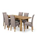 Romsey Natural Solid Oak 4ft 3" Extending Dining Table + 6 Scroll Back Chair in Dappled Beige Fabric  with Solid Oak Legs