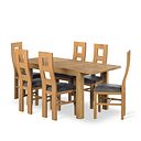 Romsey Natural Solid Oak 4ft 3 Extending Dining Table + 6 Wave Back Natural Solid Oak Chair with Vintage Black Leather Look Fabric Seat