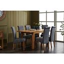 Romsey Natural Solid Oak Extending Dining Table and 6 Scroll Back Dappled Silver Fabric Chairs