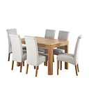 Romsey Natural Solid Oak Extending Dining Table and 6 Scroll Back Plain Grey Fabric Chairs