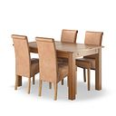 Rushmere Rustic Oak Extending Dining Table + 4 Scroll Back Chairs in Vintage Tan Leather Look Fabric with Oak Legs