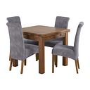 Sherwood Rustic Solid Oak 3ft Extending Table and 4 Scroll Back Dappled Silver Fabric Chairs