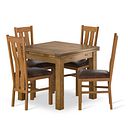 Sherwood Rustic Solid Oak 3ft x 3ft Extending Dining Table + 4 Arched Back Rustic Solid Oak Chair with Vintage Brown Leather Look Fabric Seat