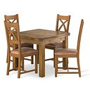 Sherwood Rustic Solid Oak 3ft x 3ft Extending Dining Table + 4 Cross Back Rustic Solid Oak Chair with Vintage Tan Leather Look Fabric Seat