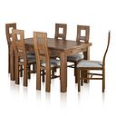 Sherwood Rustic Solid Oak 4ft 7" Extending Table and 6 Wave Back Chairs with Plain Grey Fabric Seats