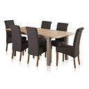 St Ives Natural Oak and Grey Painted 5ft Extending Dining Table with 6 Scroll Back Plain Charcoal Fabric Chairs