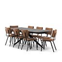 Trento Grey Ceramic Extending Dining Table + 8 Mason Chairs Vintage Tan Leather-Look fabric with Black Legs