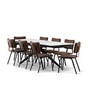 Trento White Ceramic Extending Dining Table + 8 Mason Chairs Vintage Brown Leather-Look fabric with Black Legs