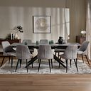Trento Grey Ceramic Extending Dining Table + 8 Aria Dining Chairs in Light Grey with Black Metal Legs