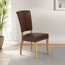Upholstered Curve Back Antiqued Brown Fabric Chair with Solid Oak Legs