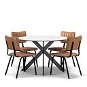 Venice White Ceramic Round Dining Table + 4 Mason Chairs Vintage Tan Leather-Look fabric with Black Legs