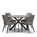 Venice Grey Ceramic Round Dining Table + 4 Aria Dining Chairs in Dark Grey with Black Metal Legs