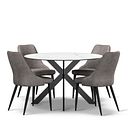 Venice White Ceramic Round Dining Table + 4 Aria Dining Chairs in Dark Grey with Black Metal Legs