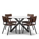 Venice White Ceramic Round Dining Table + 4 Mason Chairs Vintage Brown Leather-Look fabric with Black Legs