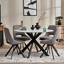 Venice White Ceramic Round Dining Table + 4 Nico Swivel Dining Chairs in Dark Grey with Black Metal Legs