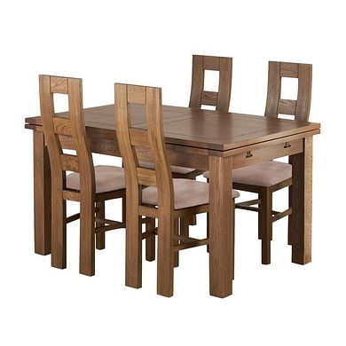 Sherwood Rustic Solid Oak 4ft 7" Extending Table and 4 Wave Back Chairs with Dappled Beige Seats