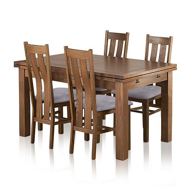 Sherwood Rustic Solid Oak 4ft 7" Extending Table and 4 Arched Back Chairs with Dappled Silver Seats
