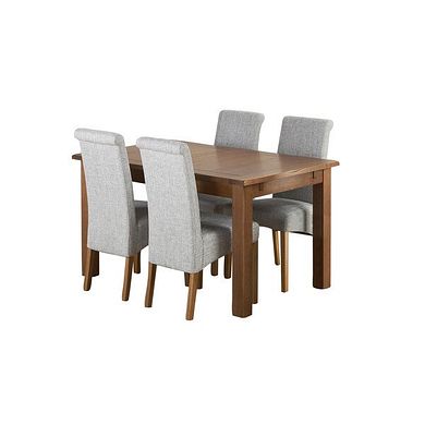 Rushmere Rustic Solid Oak Extending Table and 4 Scroll Back Chairs in Plain Grey Fabric